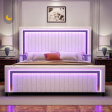 Jocisland Upholstered Platform King Size LED Bed Frame with 4 Storage Drawers, Adjustable Headboard, White Jocisland