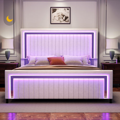 Jocisland Upholstered Platform King Size LED Bed Frame with 4 Storage Drawers, Adjustable Headboard, White Jocisland