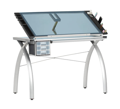 SD STUDIO DESIGNS Futura Crafting, Drafting, Drawing Adjustable Top Hobby Table Writing Studio Art Desk with Drawers, 38''W x 24''D, Tempered, Silver/Blue Glass - WoodArtSupply