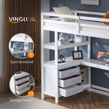 VINGLI Twin Loft Bed with L-Shaped Desk and 3 Storage Drawers, Solid Wood Single Bunk Gamer Bed with RGB LED Light Underneath,2 Charging Stations, White VINGLI