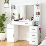 Vanity Desk with Lights and Power Strip, Makeup Vanity Table Lots Storage with 5 Drawers & 1 Cabinet, 3 Light Colors with Adjustable Brightness, Large Vanity 47.3'' (W) Anrigeail