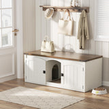 Halitaa Double Cat Litter Box Enclosure, Hidden Litter Box Furniture for 2 Cats, Farmhouse Cat House with Scratch Pad for 2 Litter Boxes, Wooden Enclosed Litter Box Furniture, Entryway Bench, White Halitaa