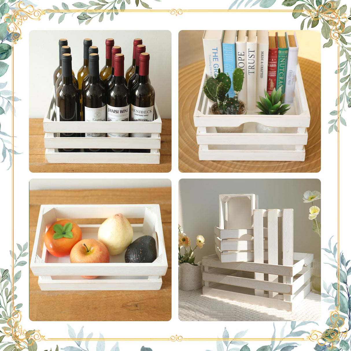 MACVAD Set of 4 Large Wooden Crates Decorative, Whitewashed Nesting Wooden Crates for Display Rustic, Farmhouse Wooden Storage Container Boxes Made from 100% Wood MACVAD