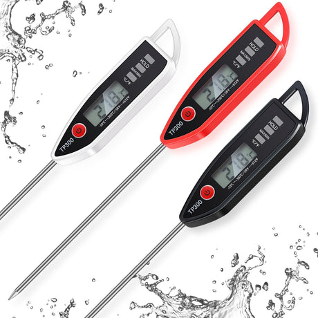 Copkim 3 Pcs Instant Read Meat Thermometer with Long Probe 9.65 Inch Kitchen Cooking Food Candy Waterproof Digital Thermometer for BBQ Water Milk Yogurt Liquid (Pointed,Black,White,Red) Copkim
