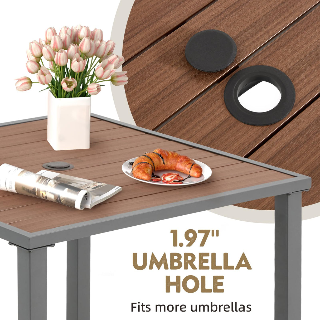 MELLCOM 5-Piece Outdoor Dining Set, 4 Swivel Leather-Look Chairs with Cushions & Square Dining Table with Umbrella Hole, Patio Furniture Set for Porch, Garden, Backyard, Poolside, Deck, Blue MELLCOM