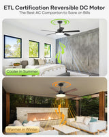Vaczon 52 inch Black Ceiling fan with Light and Remote/APP, Ceiling Fans with Lights, 3CCT, Reversible 6 Speeds Quiet, Black Modern Ceiling Fan with Light for Indoor Outdoor Bedroom Patio Living Room Vaczon