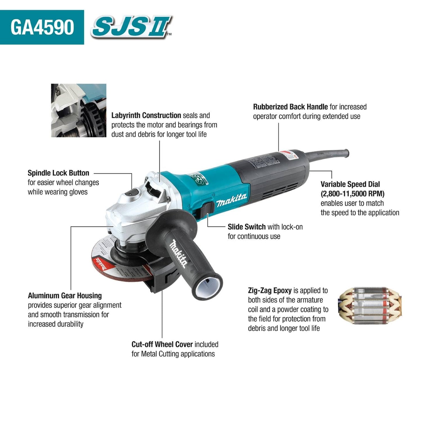 Makita GA4590 4-1/2" SJS™II High-Power Angle Grinder - WoodArtSupply