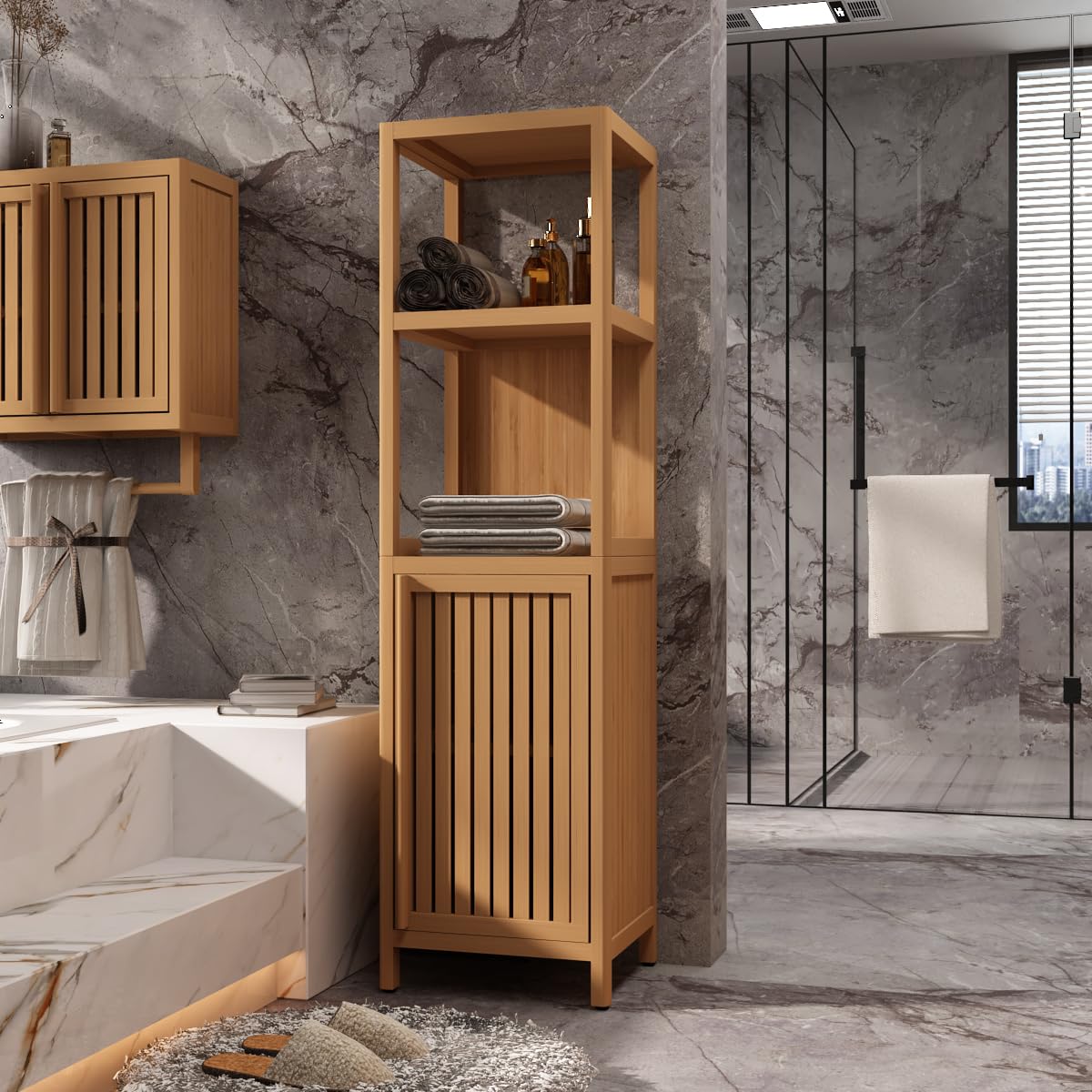 JUSTHERE Freestanding Bamboo Bathroom Storage Cabinet with Doors and 3 Shelves JUSTHERE