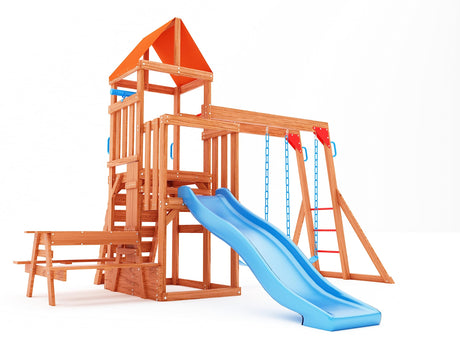 Dolphin Playground Cedar Wooden Swing Sets for Backyard, Outdoor Playset for Kids with Monkey Bar, 2 in 1 Outdoor Table, Wave Slide, Climbing Wall, and 2 Belt Swings, Playground Sets for Backyards DOLPHIN PLAYGROUND T