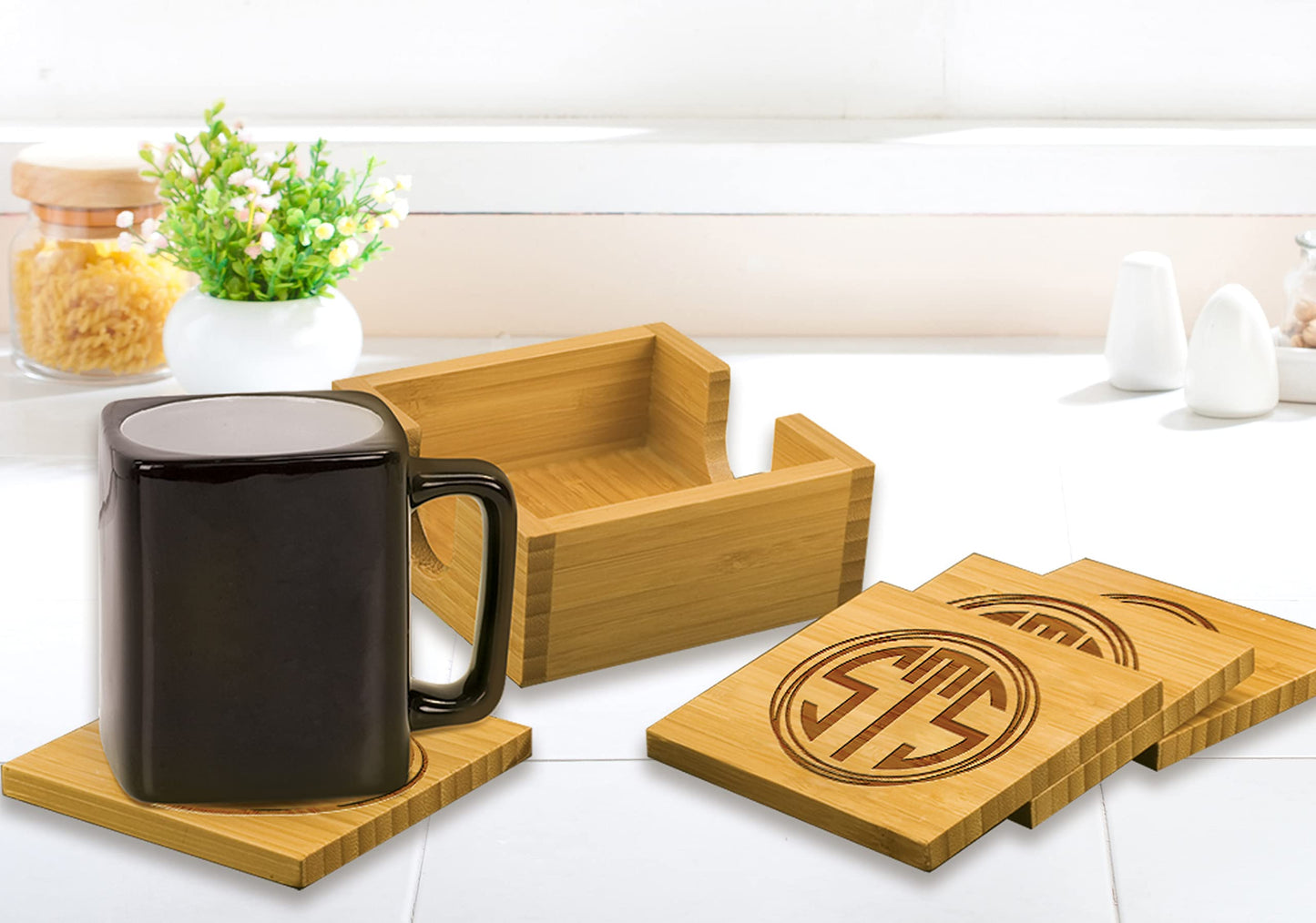 Customized Bamboo Square Coaster Set of 4 with Holder, Engraved Drink Custom Coasters – Wedding, Birthday, Anniversary, Dad, Mother, Corporate Gift - WoodArtSupply