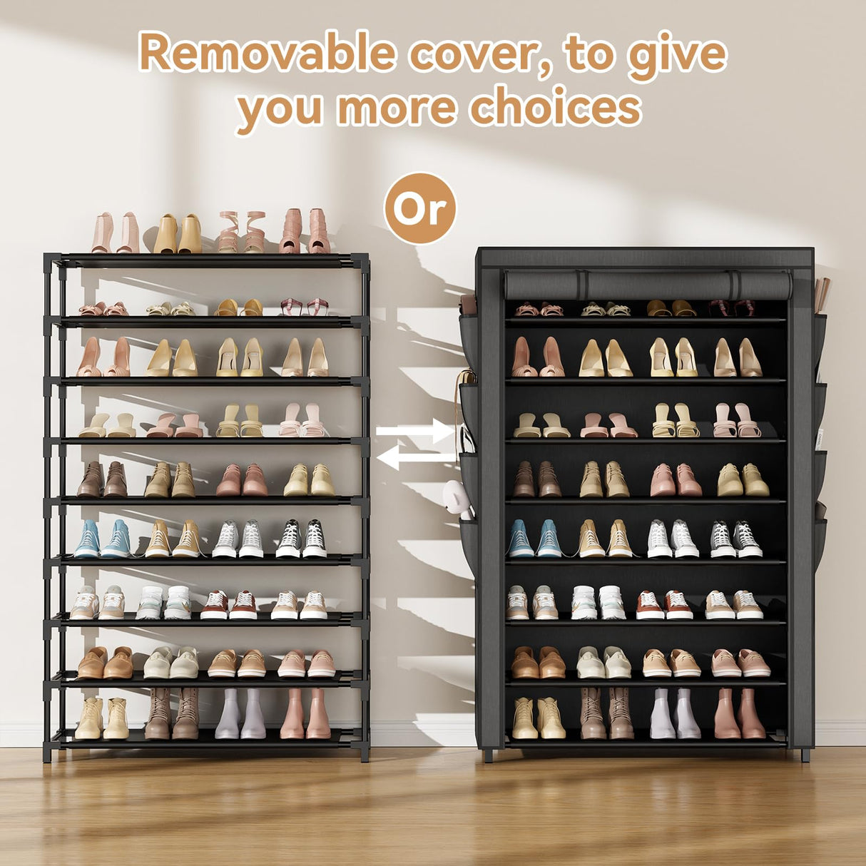 VILICK Shoe Rack with Cover, 8 Tier Tall Shoe Organizer Storage for 36-45 Pair Shoes and Boots Large Shoe Storage Shelf Free Standing Shoe Rack for Closet, Front Door Entrance, Dorm, Garage VILICK