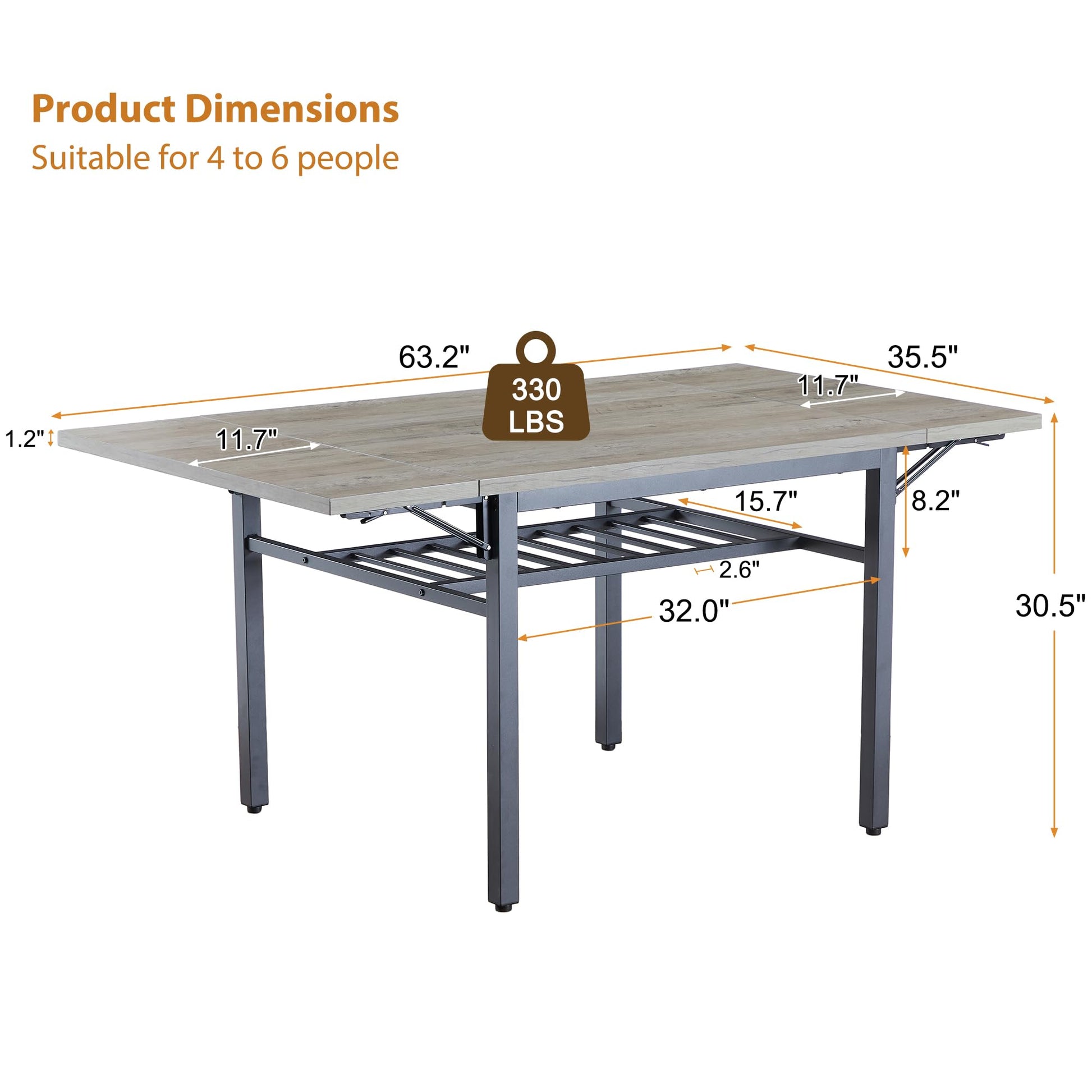 Tmsan 63.2" Folding Dining Table for 4-6 People, Drop Leaf Table with Storage Rack Extendable Kitchen Dinner Table for Small Spaces (Grey) - WoodArtSupply