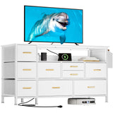 YITAHOME TV Stand with Charging Station, Dresser TV Stand for 55'' TV, 9 Drawer for Bedroom, White Drawer with Side Pockets, Fabric Drawer for Living Room, Entryway YITAHOME