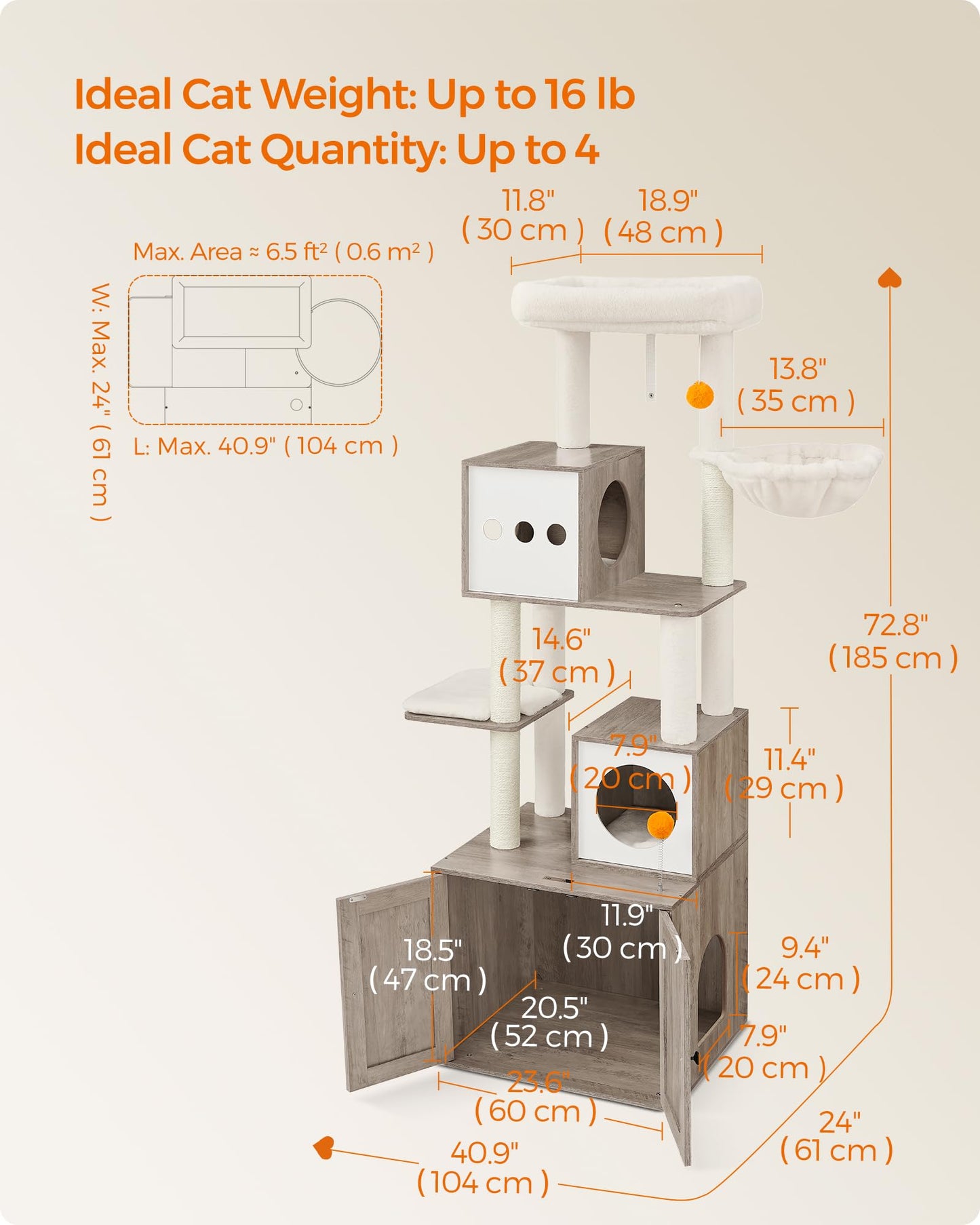 Feandrea Cat Tree with Litter Box Enclosure, 2-in-1 Modern Cat Tower, 72.8-Inch Tall Cat Condo with Scratching Posts, Perch, Caves, Basket, Washable Cushions, Heather Greige UPCT116G01 - WoodArtSupply