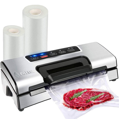 Potane Precision Vacuum Machine,Pro Food Sealer with Built-in Cutter and Bag Storage(Up to 20 Feet Length), Both Auto&Manual Options,2 Modes,Includes 2 Bag Rolls 11”x16’ and 8”x16’,Compact Design Potane