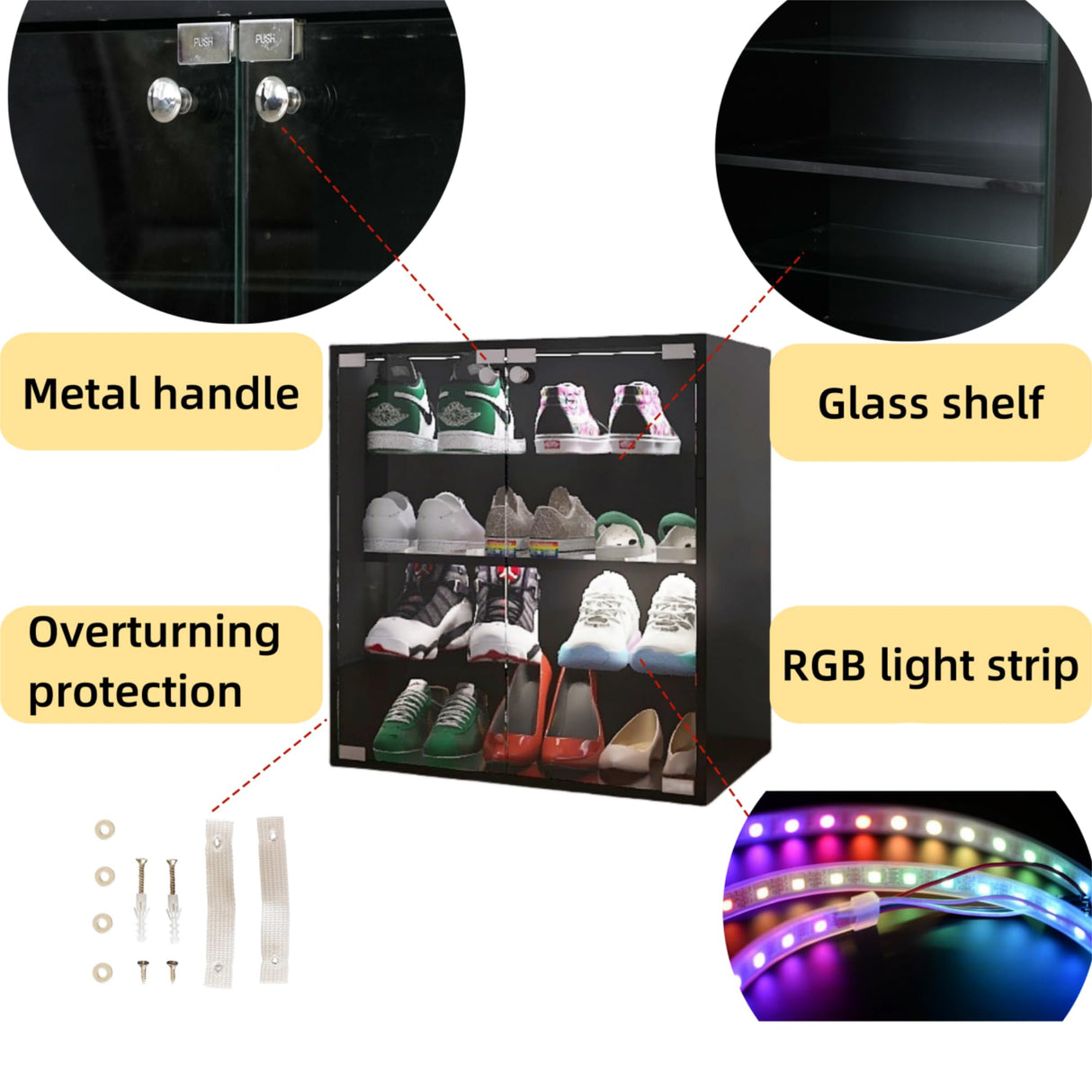 Veemuaro Shoe Storage Box, Wooden Shoe Storage Box with Glass Door, Shoe Organizer Storage Box with RGB Led Light and APP Control for Up To 8-12 Pairs of Shoes, Shoe Storage Bin For Display Sneakers Veemuaro