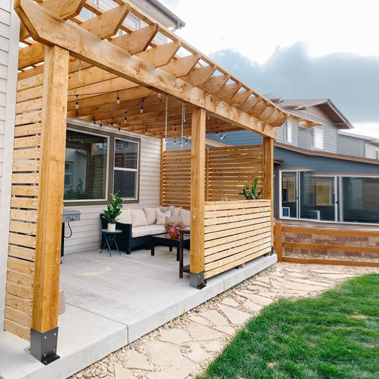 4 x 4 Post Base 6 PCS,Inner Size 3.6"x3.6"Deck Post Base,Heavy Duty Metal Black Powder Coated Post Brackets,for Pavilion Deck Railing Support Deck Base Plate, Support Bolt Down Likeem