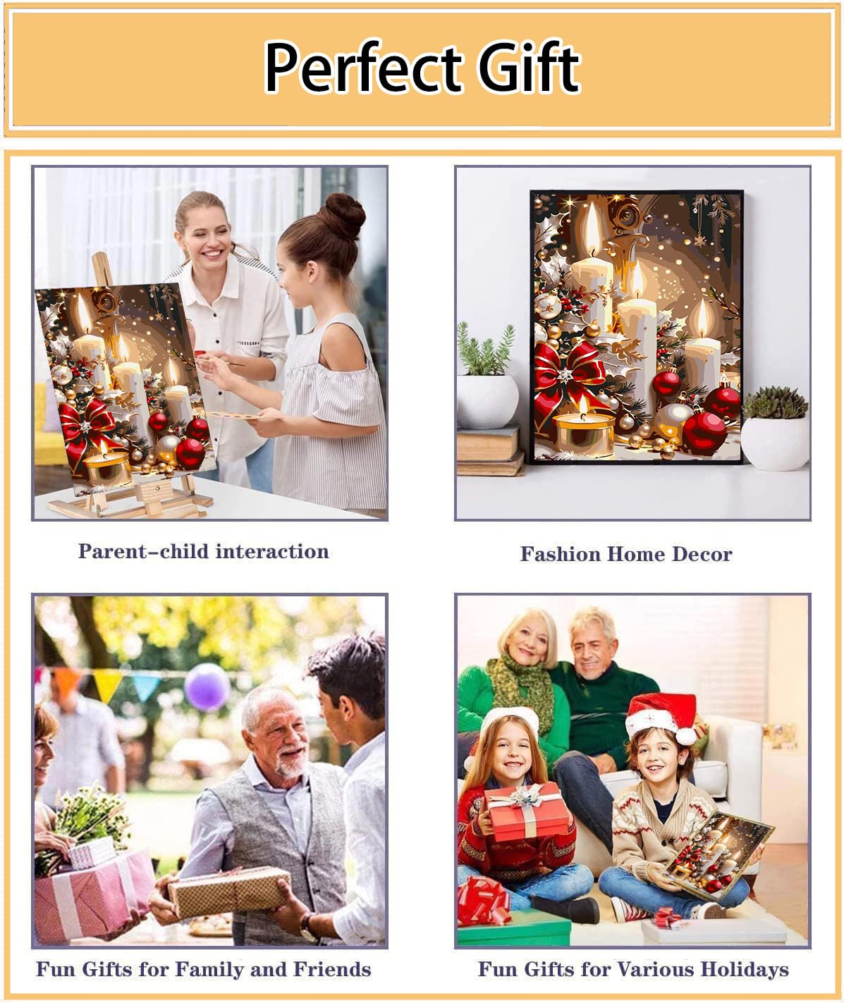 Meothan Christmas Paint by Bumbers for Adults Xmas Candles DIY Paint by Numbers Acrylic Paint Canvas Winter Painting Art Kits for Home Decor and Gifts 16x20 Inch (Without Frame) Meothan