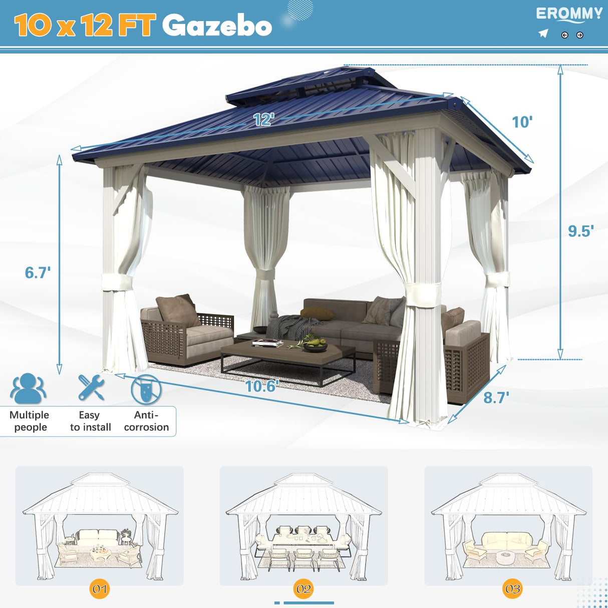 EROMMY 10'x12' Gazebo Hardtop, Galvanized Steel Double Roof Metal Gazebo with Aluminum Frame, Permanent Outdoor Pavilion with Curtain and Netting for Patio Lawn and Garden, Blue EROMMY