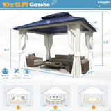EROMMY 10'x12' Gazebo Hardtop, Galvanized Steel Double Roof Metal Gazebo with Aluminum Frame, Permanent Outdoor Pavilion with Curtain and Netting for Patio Lawn and Garden, Blue EROMMY