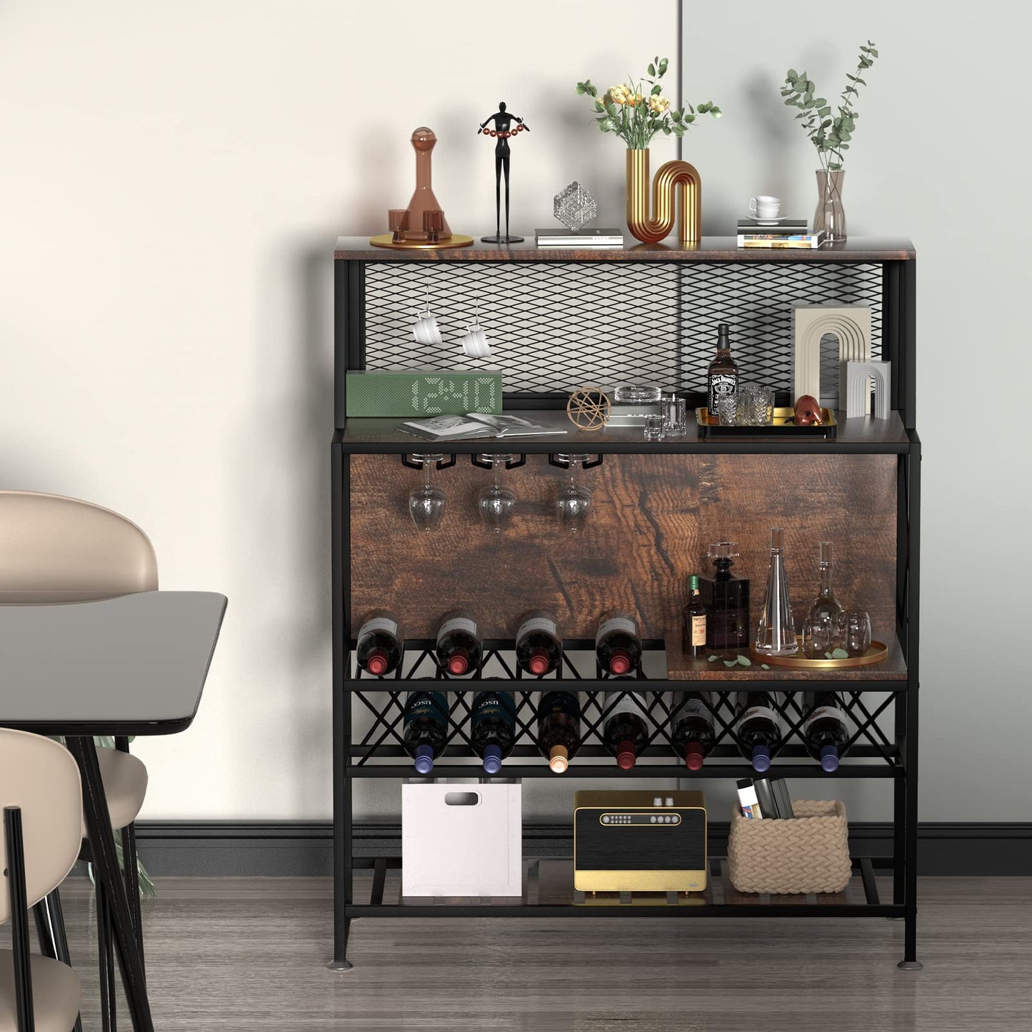 Industrial Rustic Brown Wine Rack and Home Bar Table with Glass Holder by VEVOR