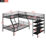Triple Bunk Beds, L-Shape Twin Over Full Bunk Bed Attached a Loft Bed with Desk, Triple Bunk Beds with Slide, Metal Corner Bunk Bed Frame for Three Kids Boys Girls Teens, Antique Black Bellemave