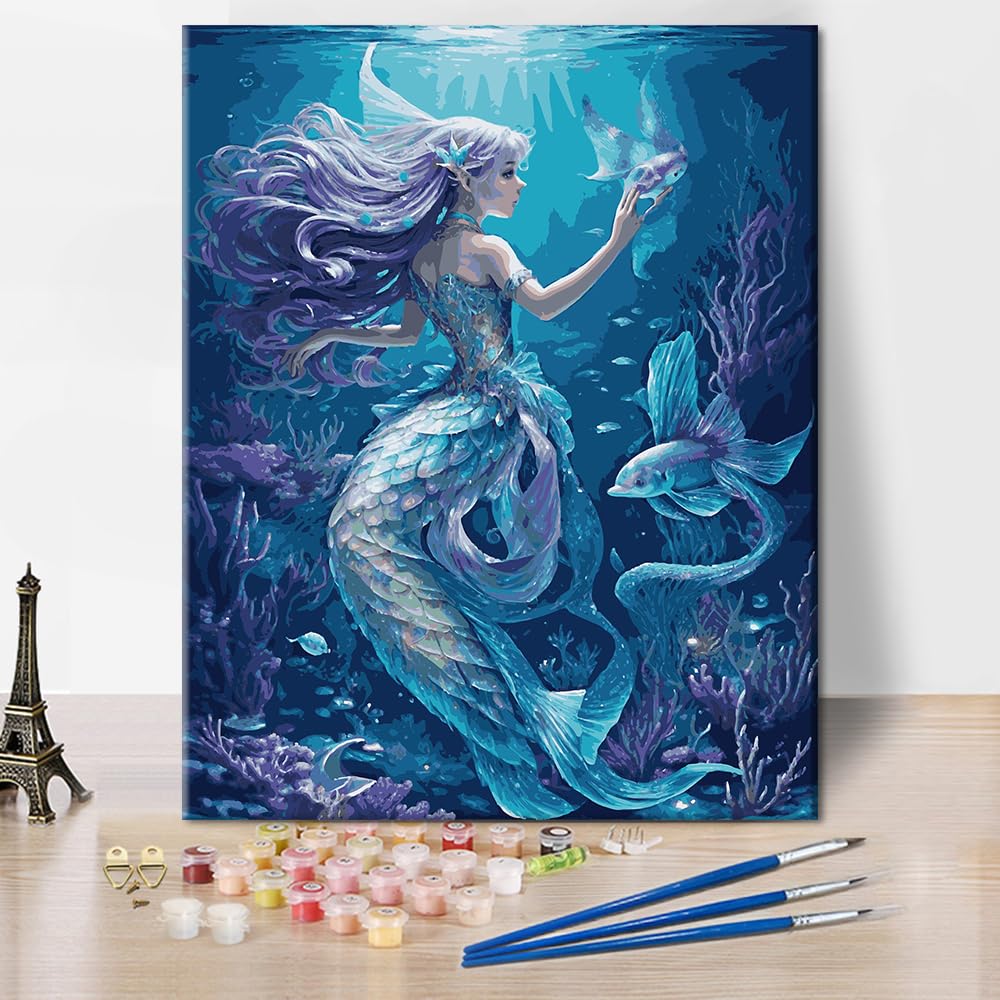 Adult Paint By Number Mermaid Girl of the Sea Painting By Numbers Ocean Princess Paint By Number Artwork for Girl Kids Gift Modern DIY Home Wall Decor for Living Room Bedroom Canvas Art 16x20 Inch Rebotipy
