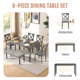 Zevemomo 6-Piece Wooden Dining Table Set, Dining Table Set for 6, Including 1 Dining Table, 4 Upholstered Chairs and 1 Bench, Wooden Legs Dining Table, Table Set for Dining Room, Grey Zevemomo