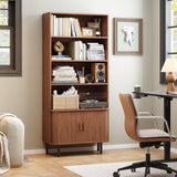 ONBRILL 71" Tall Bookshelf, 4-Tier Bookcase with Storage Cabinet & Adjustable Storage Shelf, Freestanding Wood Bookshelf with Sliding Door and Adjustable Footpad, for Home Office, Living Room, Walnut ONBRILL