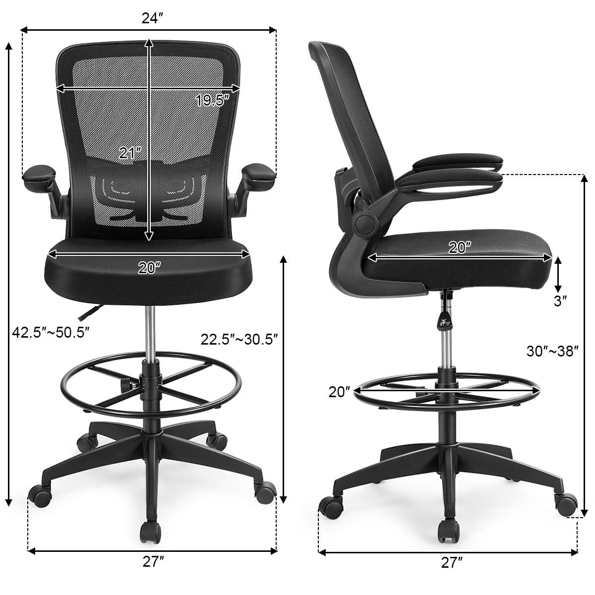Giantex Drafting Chair, Ergonomic Tall Office Chair with Adjustable Lumbar Support & Footrest Ring, Executive Computer Standing Desk Chair with Flip-up Armrests, High Back Office Rolling Stool, Black Giantex