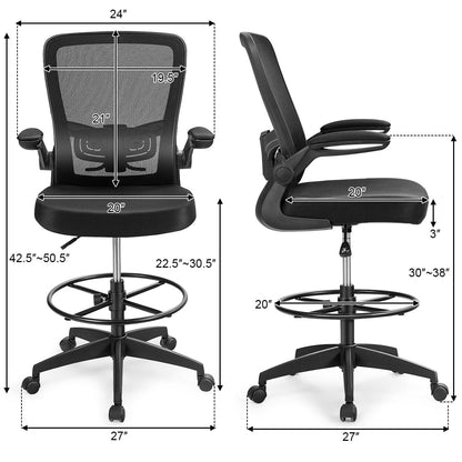 Giantex Drafting Chair, Ergonomic Tall Office Chair with Adjustable Lumbar Support & Footrest Ring, Executive Computer Standing Desk Chair with Flip-up Armrests, High Back Office Rolling Stoo - WoodArtSupply