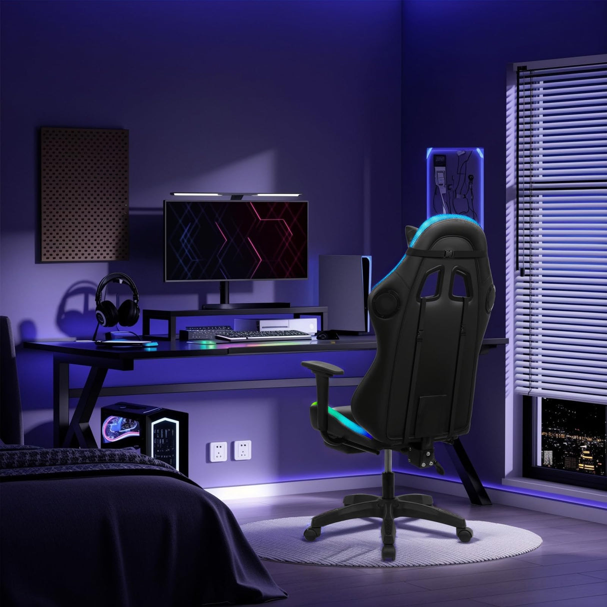 gihusrzx Gaming Chair with Two Bluetooth-Compatible Speakers, Office Executive Chair with Retractable Footrest, Multiple RGB LED Light Modes 360 Degree Rotation Game Chair, 350lbs Load Red gihusrzx