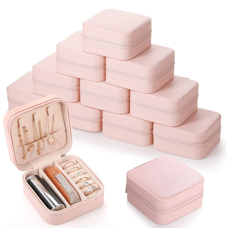 Canlierr Small Travel Jewelry PU Leather Boxes Bulk for Women Girls, Bridesmaid Gift Boxes Portable Jewelry Organizer for Rings (Pink, 12 Pcs) Canlierr