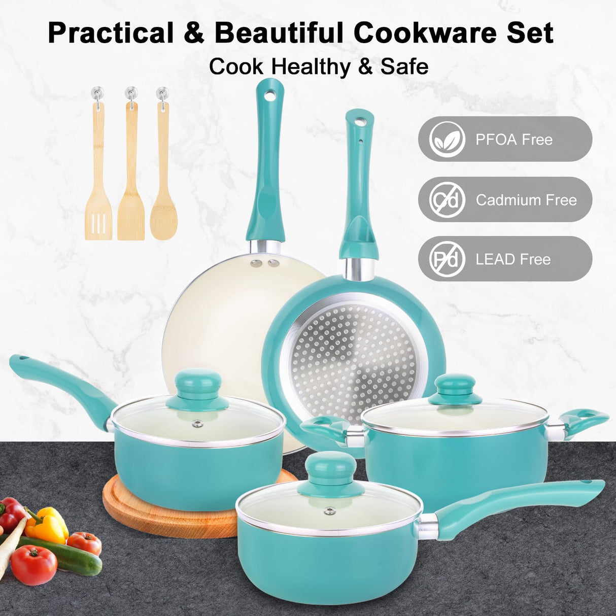 M MELENTA Pots and Pans Set Nonstick, 11pcs Kitchen Cookware Sets Induction Cookware, Ceramic Non Stick Cooking Set, Stay Cool Handle & Bamboo Kitchen Utensils, 100% PFOA Free, Turquoise M MELENTA