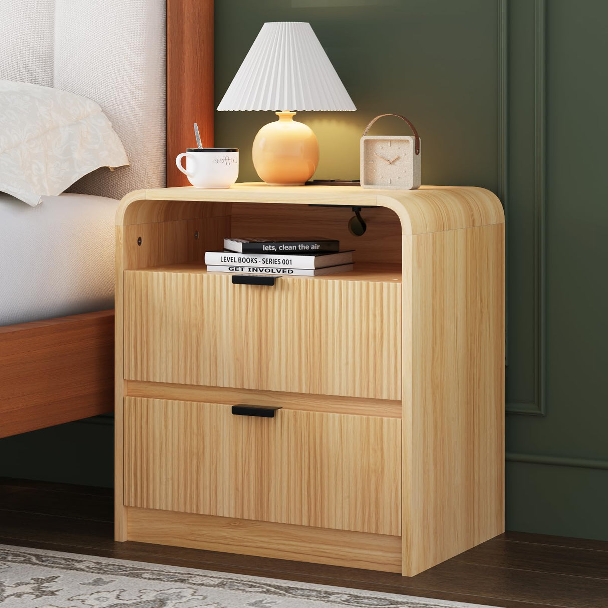 FURSUN 24" Fluted Nightstand with Charging Station, Wooden End Table with 2 Drawers Storage, Curved Profile Design, Modern Bedside Cabinet for Bedroom Living Room, Natural Oak FURSUN