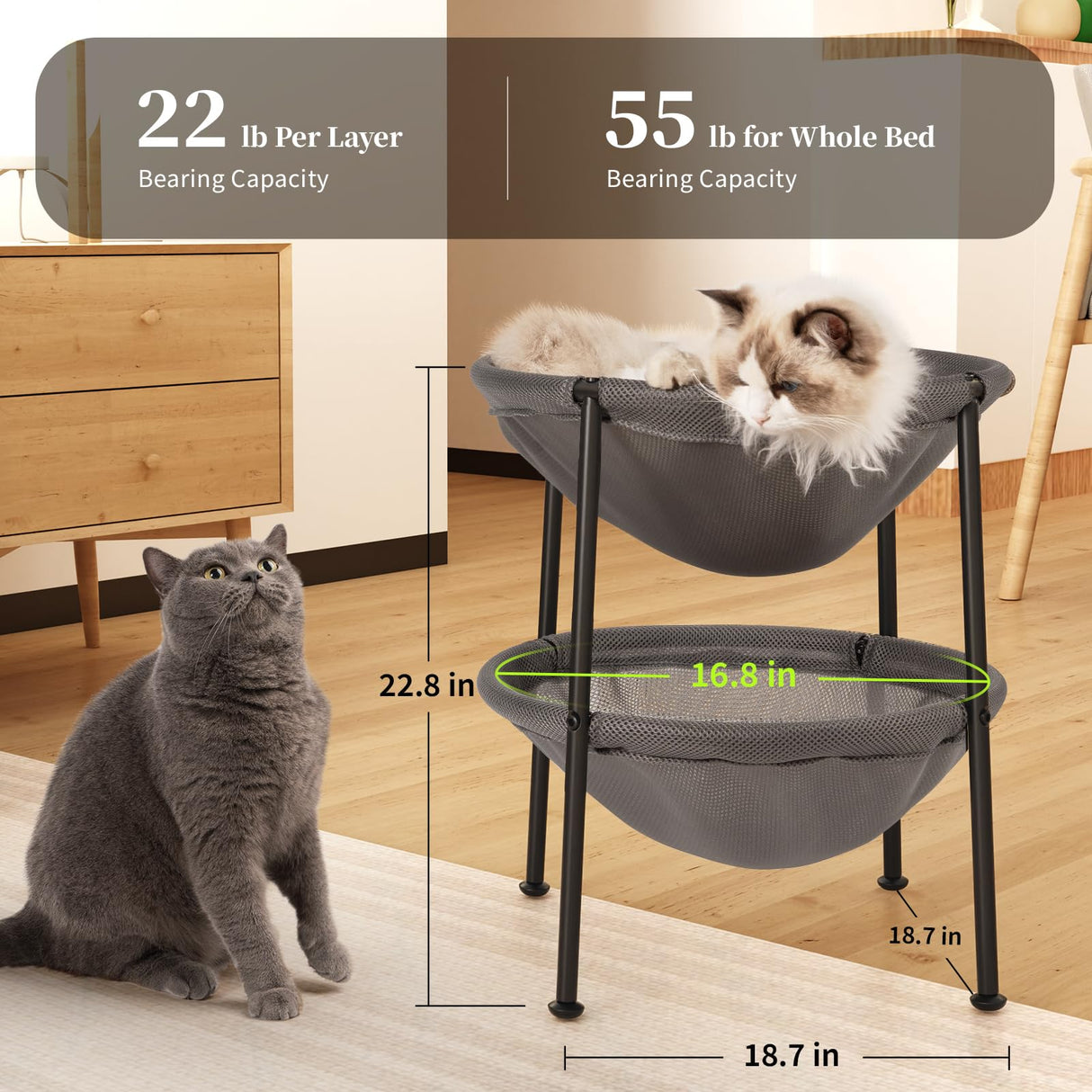 JUNSPOW Double Cat Bed Grey, Breathable Kitty Bed for 2 Cats with 4 Adjustable Feet & Anti-Slip Mats, Easy Assembly Cat Hammock for Multi-cat Household, Indoors & Outdoors, 22.8 in x18.7 in x 18.7 in JUNSPOW