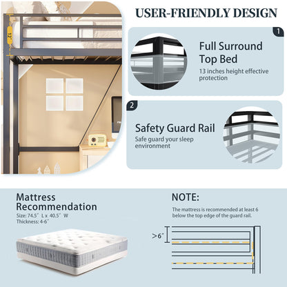 SUNLEI Twin Loft Bed with Removable Ladder, Black Metal Frame and Safety Guard for Small Spaces - WoodArtSupply