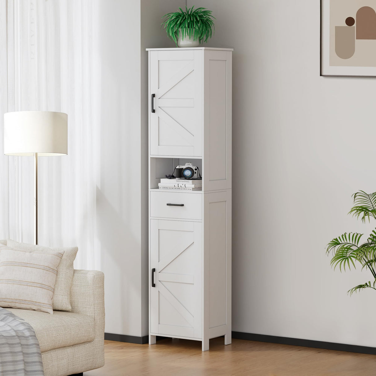 Homhedy 67" H Tall Bathroom Storage Cabinet with 2 Barn Doors and 1 Drawer, Narrow Storage Unit, Adjustable Shelves, Floor Cabinet for Bathroom, Living Room, Entryway, Kitchen, White, (15.7" W) Homhedy