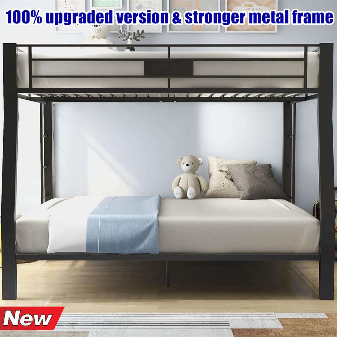 TSAMPA Latest Upgraded and Stronger Heavy Duty Metal Steel Bunk Bed Full XL Over Queen Size, More Stable More Rust-Proof Bunk Queen Bed with Thickened Legs (Easier Assembly) (Full XL Over Queen)