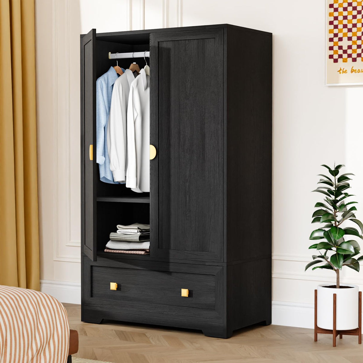 VINGLI Wardrobe Closet, Armoires and Wardrobes with Doors,Hanging Rod, Shelves and Drawer, Freestanding Closet Wardrobe Cabinet, Black Armoire Wardrobe for Bedroom, Dorm VINGLI