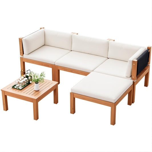 Devoko 5 Pieces Outdoor Sectional Couch Patio Sectional Sofa with Acacia Wood Coffee Table, Outdoor L-Shaped Couch with All-Weather Cushion for Patio,Deck,Backyard(White)