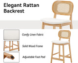 Shunzhi Rattan Counter Height Bar Stools Set of 2 Upholstered Farmhouse Barstools with Cane Back Boho Wood Kitchen Island Chairs Comfy Bar Chairs for Pub/Home Bar, Linen Beige Shunzhi
