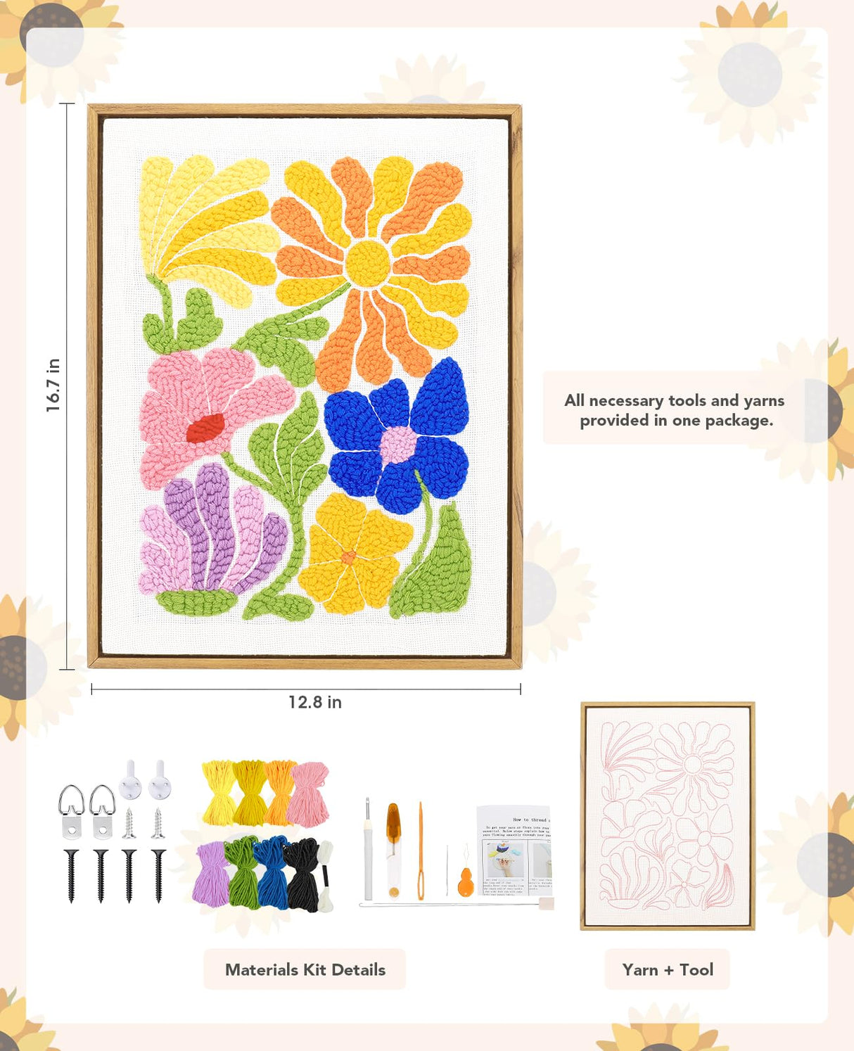 Acelist 16 Inch Punch Needle Kit with Frame, Easy Punch Embroidery Kits for Beginners, Adults & Kids Craft Kits, Picture Frame as Home Wall Décor, Pattern Fabric,Threader, Yarns, Hoops & Rug Punch AceList