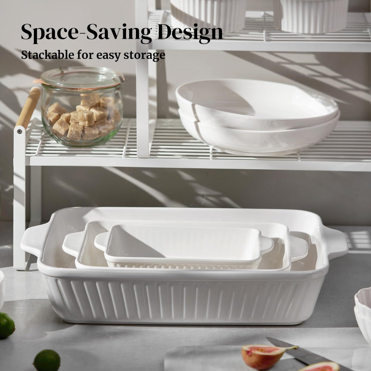 DOWAN Casserole Dishes for Oven, Baking Dishes Set, Ceramic Bakeware Sets of 3, Lasagna Pan Deep, Rectangular Baking Pan Set with Handles for Baking, Casserole, Kitchen, Wedding Gift, White (15.6''/12.2''/8.9'')