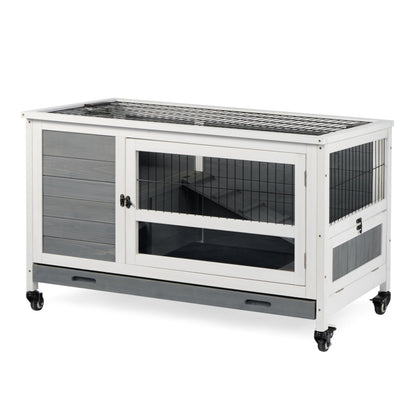 Rabbit Hutch Outdoor Indoor Bunny Cage, Guinea Pig Cages with Wheel & Plastic Tray, Wooden Pet House