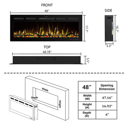 Kentsky 48" WiFi Electric Fireplace Inserts, Recessed and Wall Mounted Fireplace Heater W/Adjustable Flame Color & Brightness, Thermostat, 9H Timer, App and Remote Control, Low Noise, 750/1500W