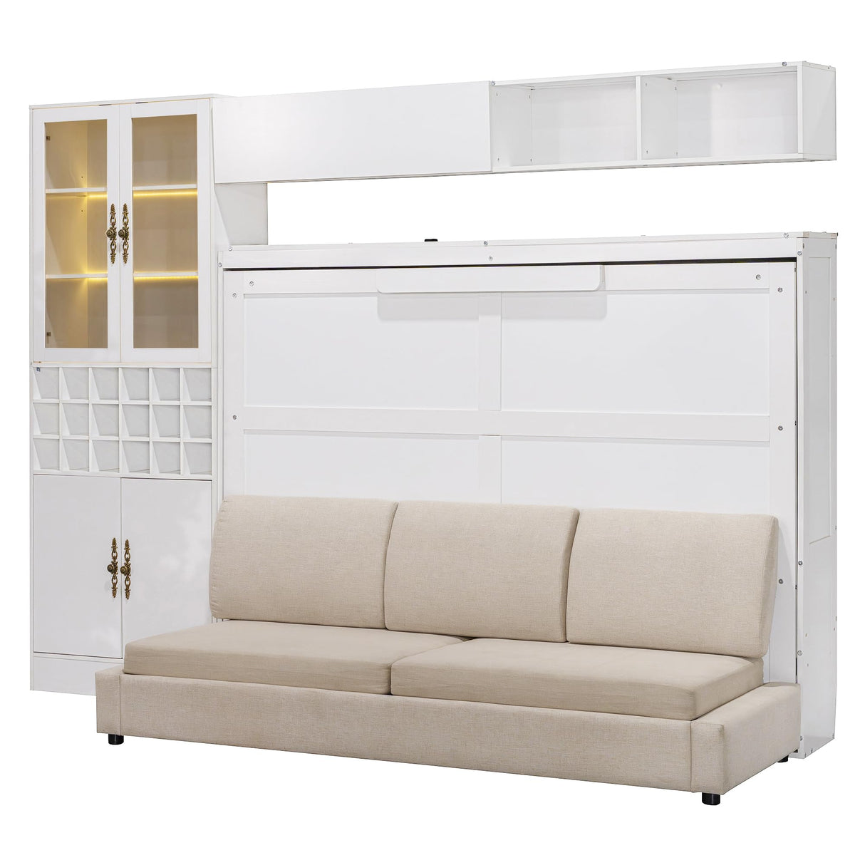 Full Size Murphy Bed with Sofa and Storage Shelves, Space Saving Foldable Bed Frame with USB & Light, Multi-Functional Wall Bed with Sofa for Living Room, No Box Spring Needed, White SOFTSEA
