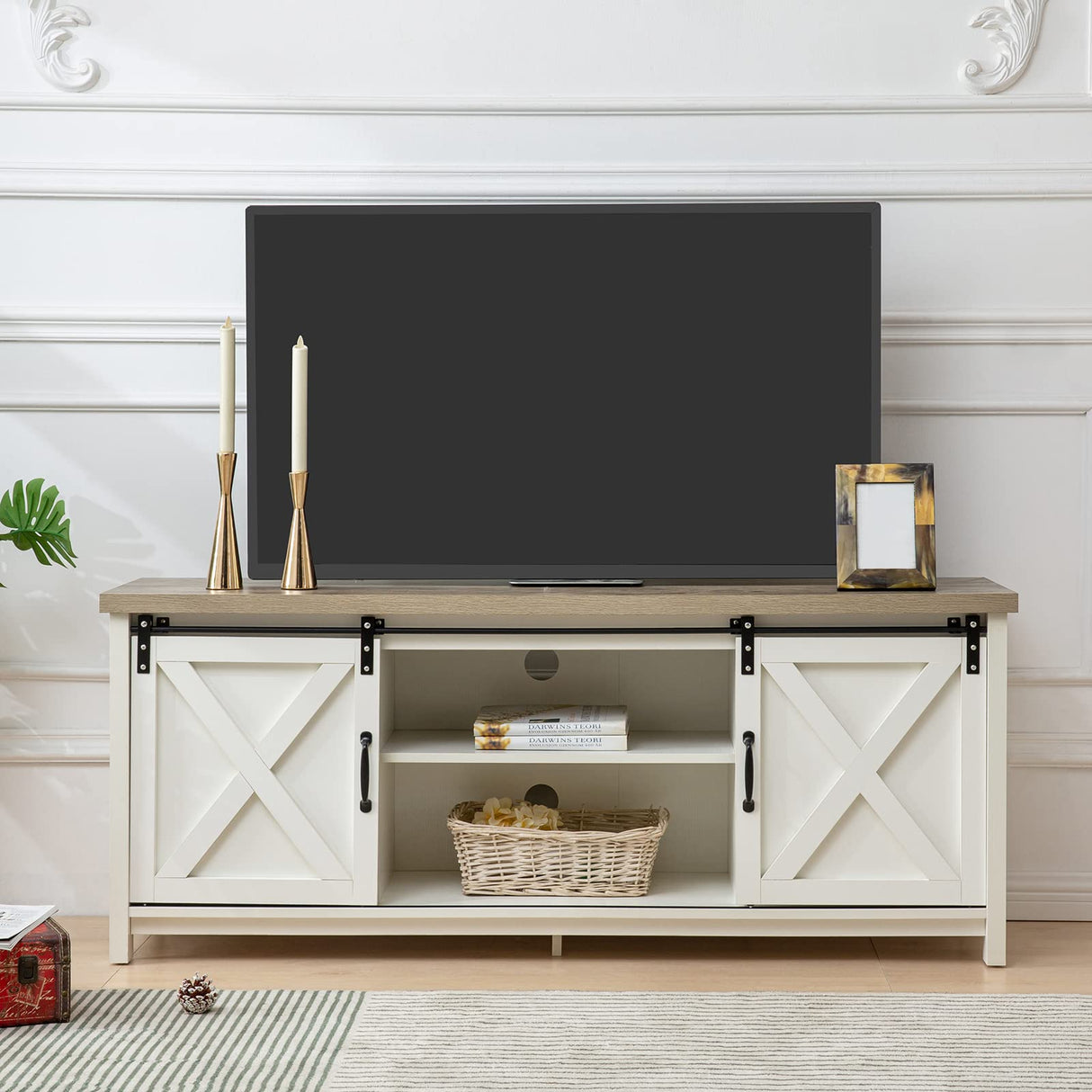 GAZHOME Modern Farmhouse TV Stand with Sliding Barn Doors, Media Entertainment Center Table for TVs up to 65”,2-Tier Large Storage Cabinets,Rustic TV Stand for Living Room Bedroom,Antique White GAZHOME