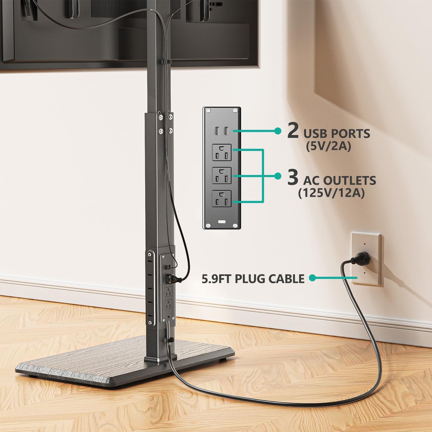 WALI Floor TV Stand with Power Outlet, Tall TV Stand Mount for 32-75 inch TV up to 110 lbs, Swivel and Height Adjustable TV Stands with Wood Base for Bedroom, Office(TVDVD-7P), Black