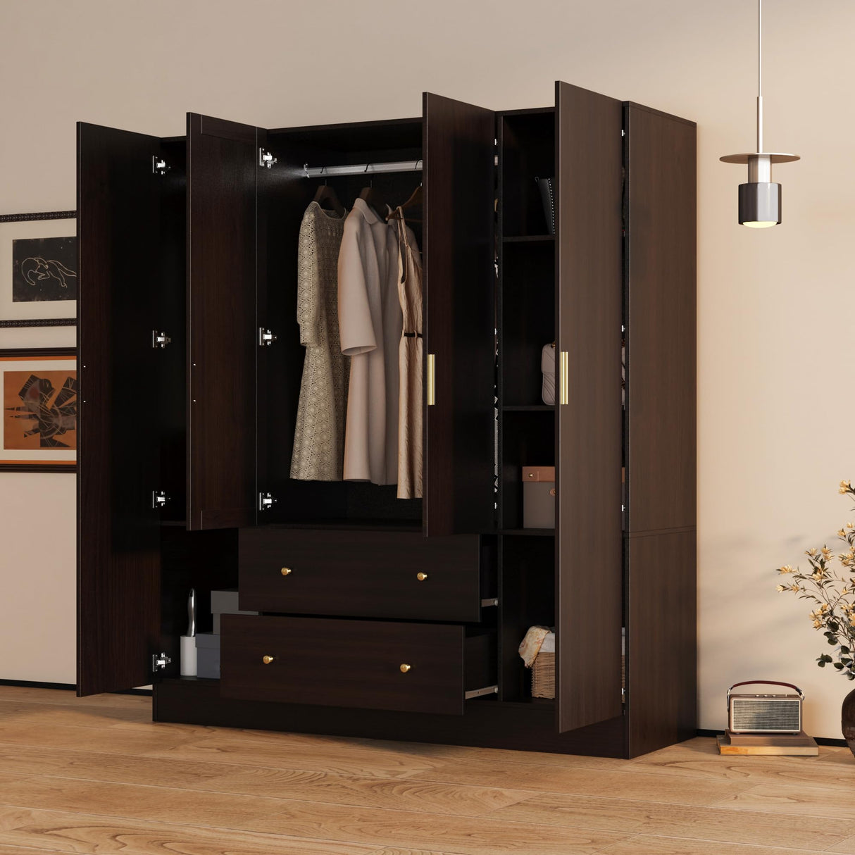 AGOTENI Large Bedroom Wardrobe Closet with 1 Mirror & 2 Drawers, 70.9" H Tall Armoire Clothes Closet with Doors and Shelves, Hanging Rod, Dark Brown AGOTENI